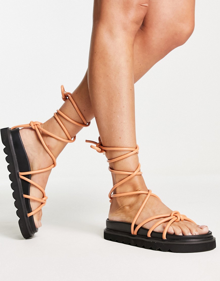 Topshop Poppie tie-up chunky sandals in apricot-Orange