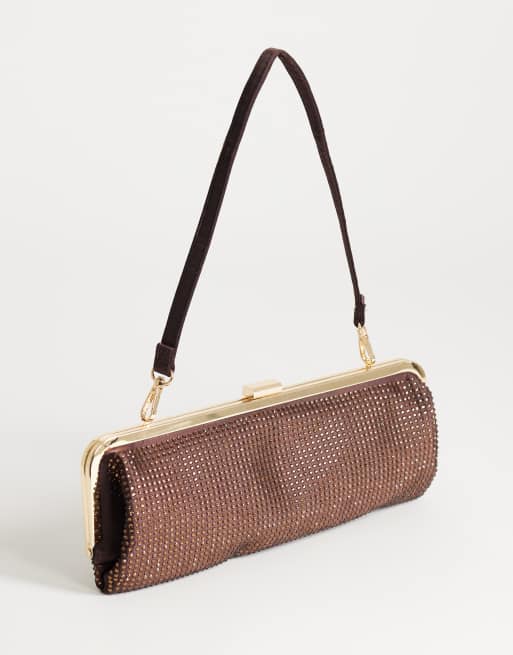 Topshop - Poppy - Bolso de hombro pequeño marrón chocolate rectangular de strass con detalle de cierre, 4 de 4