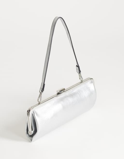 Topshop - Poppy - Borsa a spalla piccola rettangolare argento con chiusura, 3 di 4