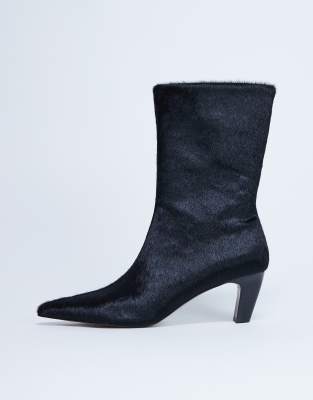 Topshop Poppy point toe ankle boot in black hair on real leather