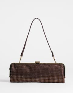 Poppy small rectangle clasp shoulder bag in chocolate diamante