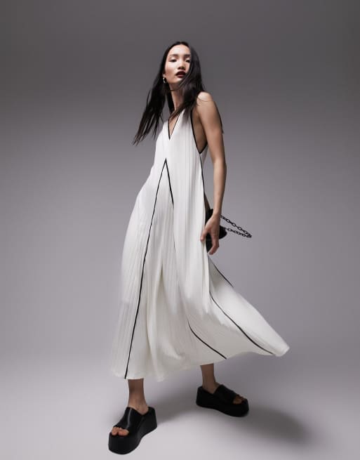 Topshop – Prążkowana dżersejowa sukienka maxi w kolorze kości słoniowej z czarnymi lamówkami