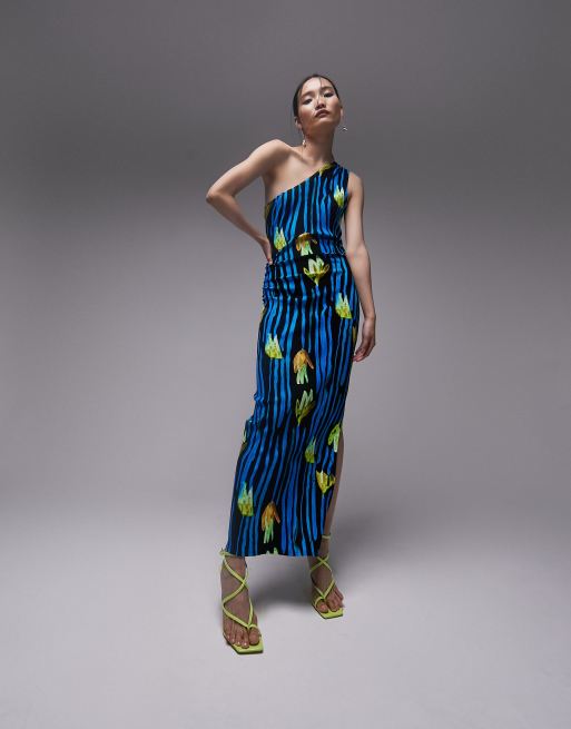 Topshop – Prążkowana dżersejowa sukienka midi na jedno ramię w tulipanowy wzór
