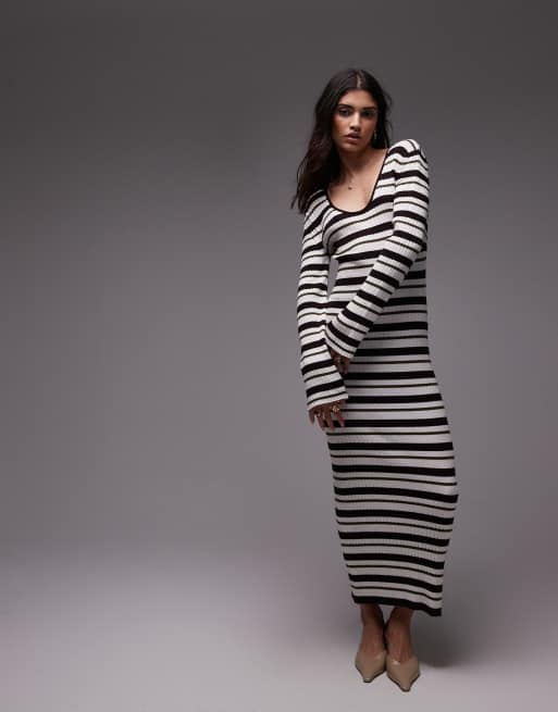 Topshop – Prążkowana sukienka maxi z dekoltem w kształcie litery U, w oliwkowe paski
