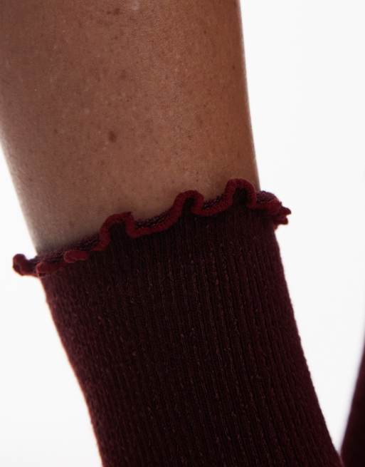 Topshop – Prążkowane bordowe skarpetki z falbanką, 4 z 4