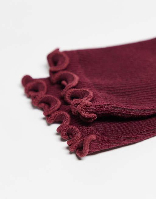 Topshop – Prążkowane bordowe skarpetki z falbanką, 2 z 3