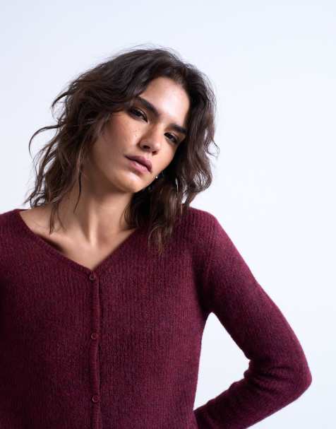 Topshop knitted v-neck ribbed cardigan in burgundy