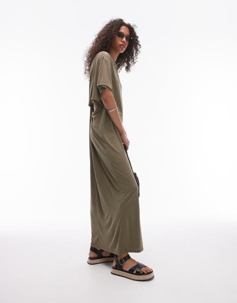 Topshop Premium – Bardzo miękka sukienka T-shirtowa midi ze skręconym tyłem z tkaniny cupro w kolorze khaki - view 1