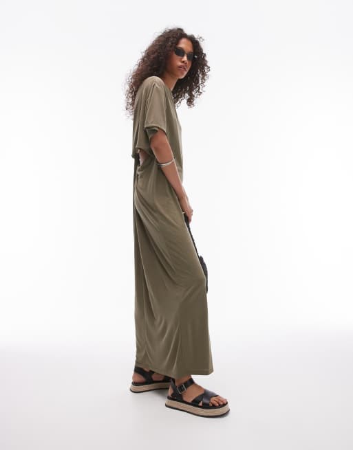 Topshop Premium – Bardzo miękka sukienka T-shirtowa midi ze skręconym tyłem z tkaniny cupro w kolorze khaki