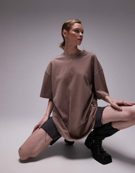 Topshop premium basic acid wash oversized longline crew neck tee in washed chocolate