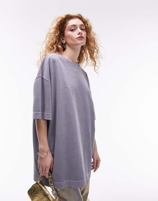 Topshop – Premium Basic – Blå stentvättad t-shirt i lång modell med rund halsringning