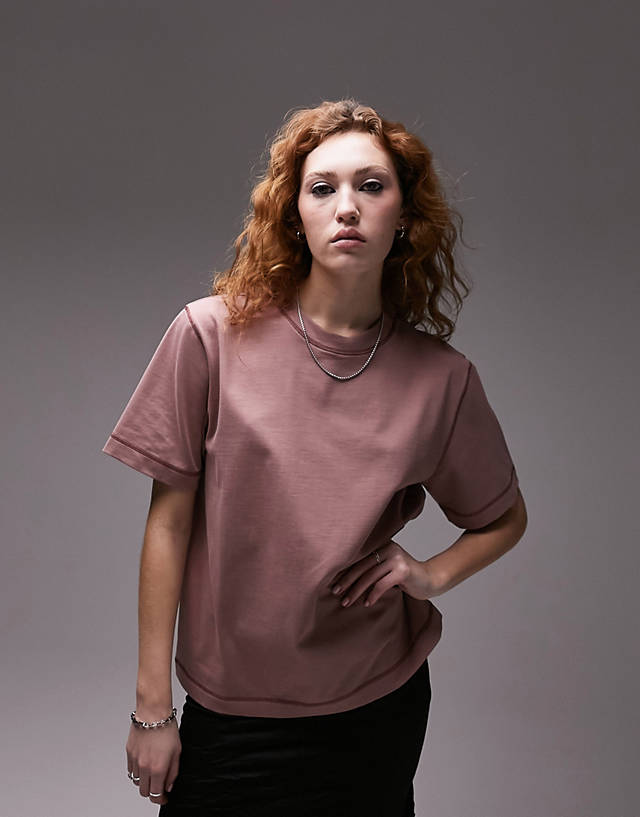 Topshop - premium basic contrast stitch t-shirt in dusty pink