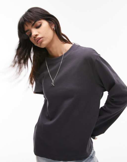 Topshop premium basic crew neck long sleeve tee in slate | ASOS