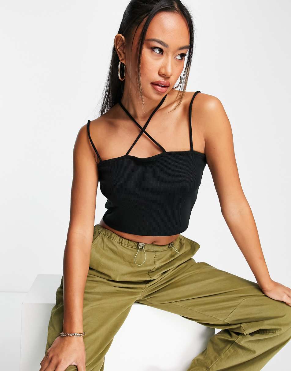 Topshop Petite shirred cami top in black