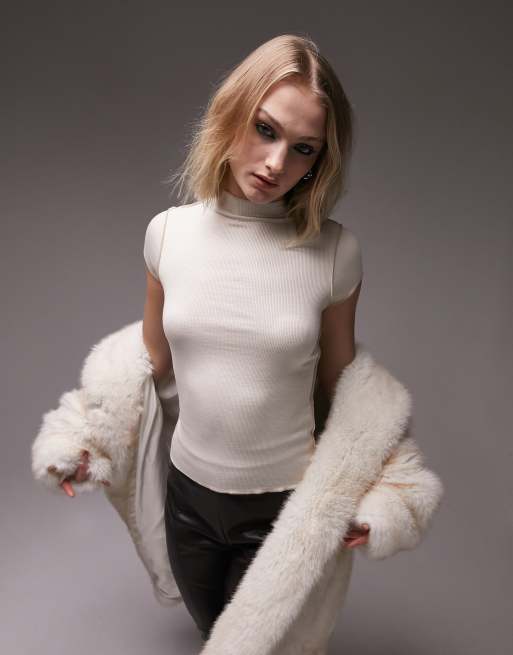 Topshop premium basic high neck cap sleeve tee in ecru