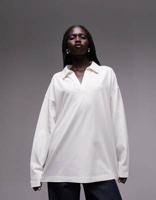 Shop Topshop Premium Basic Oversized Long Sleeve Polo Top In Ecru-white