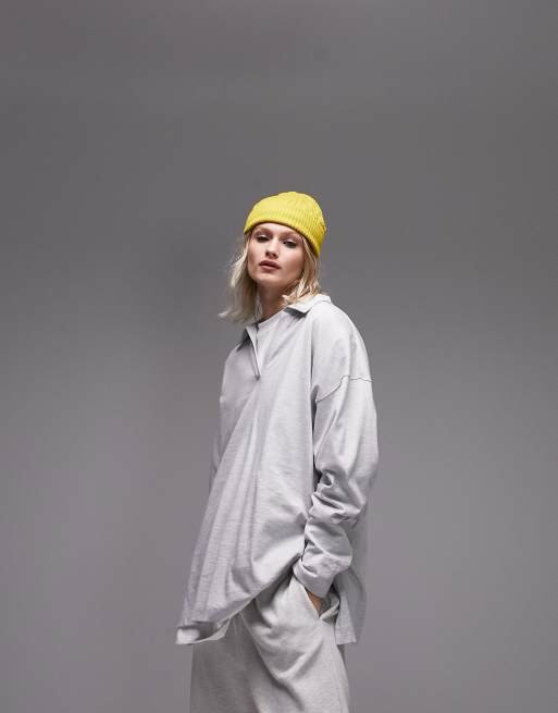 Topshop Premium basic oversized long sleeve polo top in gray heather