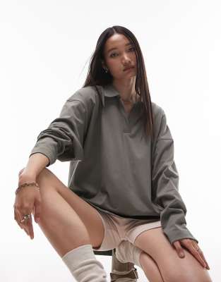 Topshop Premium Basic Oversized Long Sleeve Polo Top In Khaki-green