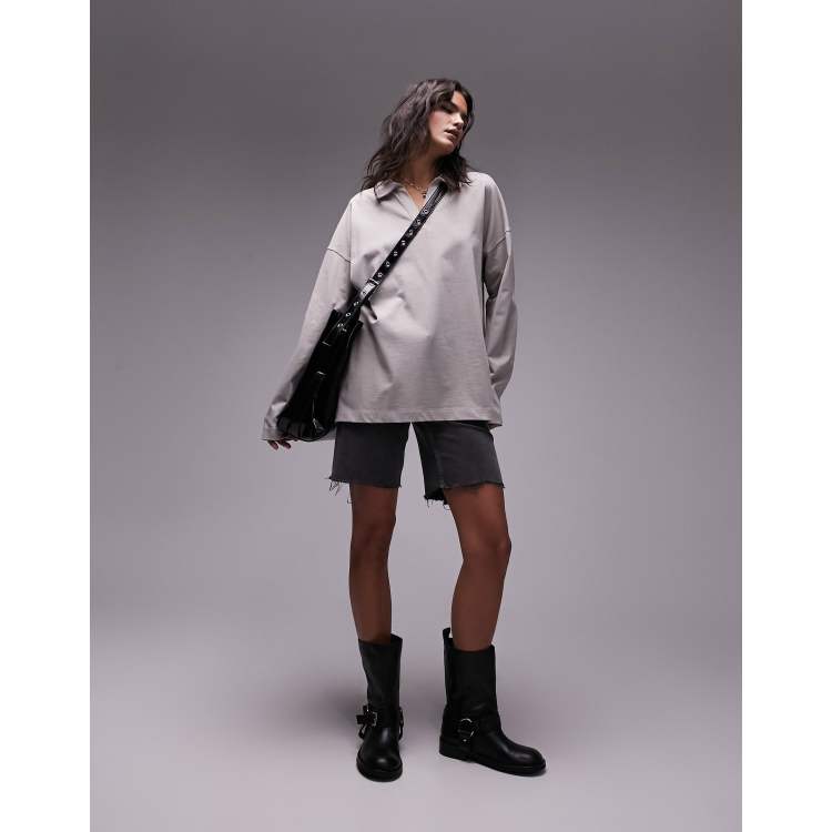 Topshop premium basic oversized long sleeve polo top in light grey ASOS