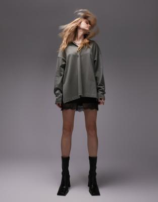 Premium basic oversized long sleeve polo top in olive-Green