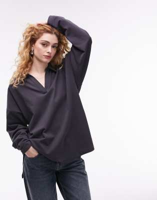 Topshop Premium Basic Oversized Long Sleeve Polo Top In Black In Gray