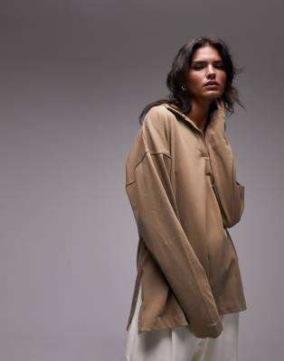 Topshop Topshop Premium basic oversized long sleeve polo top in taupe-Neutral