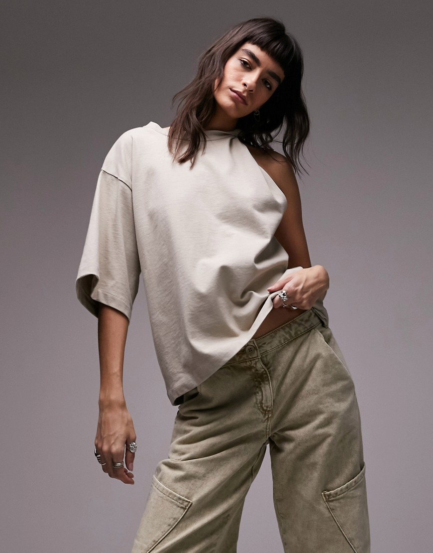Topshop Premium Basic Ribbed Twist Oversized Tee In Stone-neutral