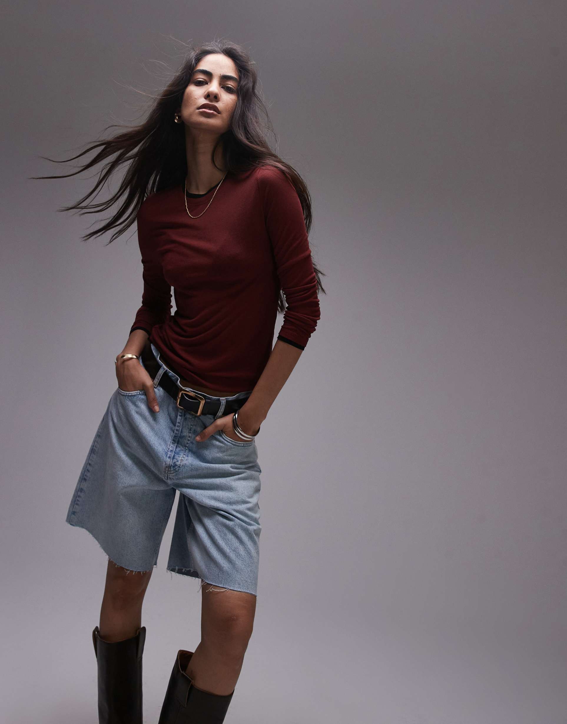 topshop premium basic sheer crew neck long sleeve with contrast trim in burgundy