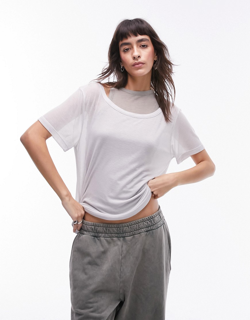 Topshop premium basic sheer double loose fit tee in grey-White