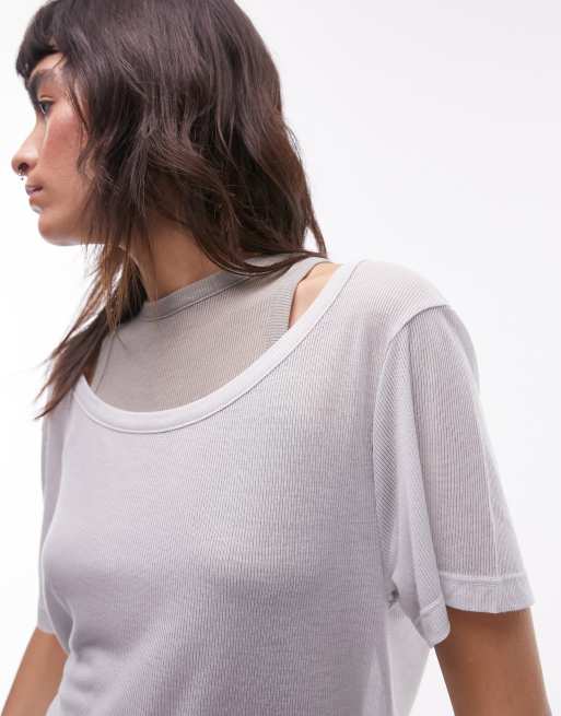 Topshop premium basic sheer double loose fit tee in grey, 3 of 4