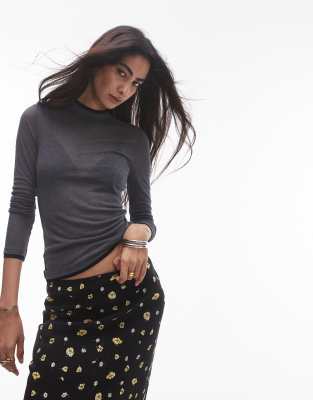 Topshop Topshop premium basic sheer funnel neck long sleeve with contrast trim in dark grey marl
