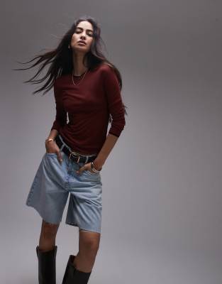 Topshop Premium Basic Sheer Mock Crew Neck Long Sleeve Top In Burgundy-red