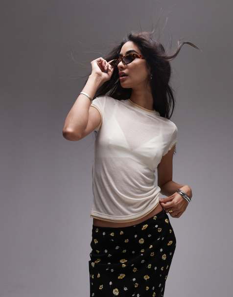 Topshop premium basic sheer tee with contrast trim in neutral - view 1