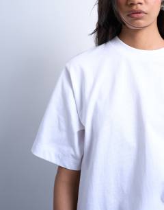 Model wearing Premium basic short sleeve tee in white