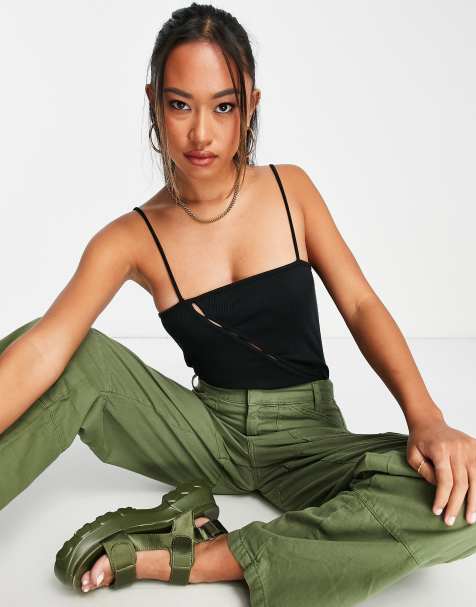 Topshop sheer lace seamed cami with contrast trim in green and