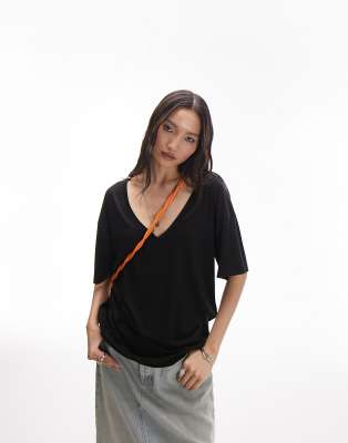 Topshop premium basic slouchy v neck tee in black