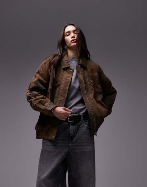 Topshop - Premium - Beige og oversized bomber-jakke i ægte læder - view 1