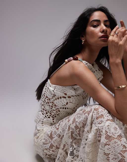 Topshop – Premium – Benvit virkad topp med bar rygg och pärlor, 2 av 4