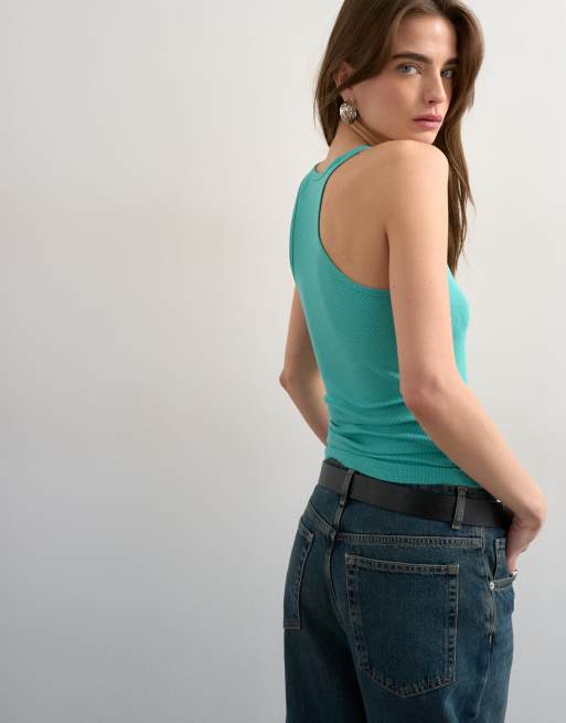 Topshop - Premium - Blå racertop med spaghettistropper og dyb rund hals, 3 af 4
