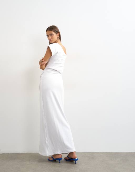 Topshop premium bomullsrik jerseyklänning med drapering och asymmetrisk maxilängd i vitt, 3 av 4