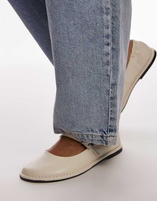 Topshop Premium – Bonny – Skórzane balerinki z okrągłymi noskami w kolorze złamanej bieli