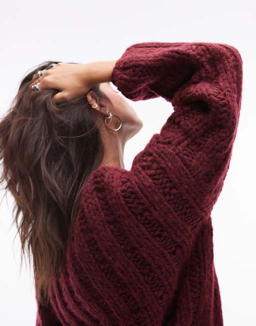 Topshop - Premium - Bordeauxrød, håndstrikket og oversized trøje med hulmønster, 3 af 4
