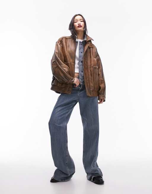 Topshop Premium – Brązowa kurtka bomberka oversize ze skóry naturalnej, 3 z 5