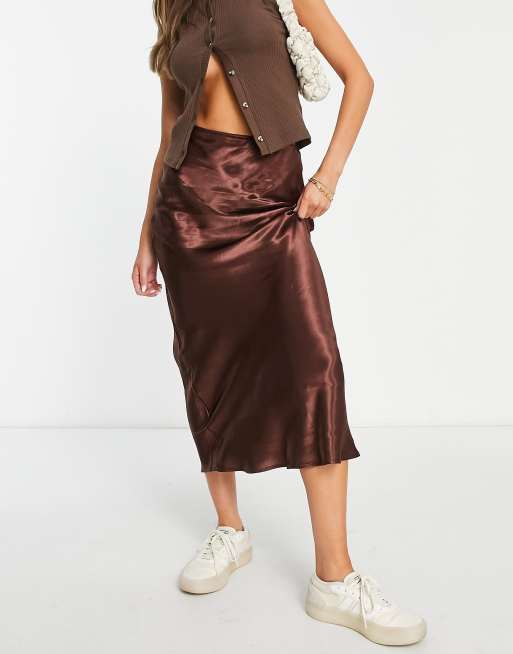 Topshop – Premium – Brun diagonalskuren satinkjol i maxilängd, 4 av 4