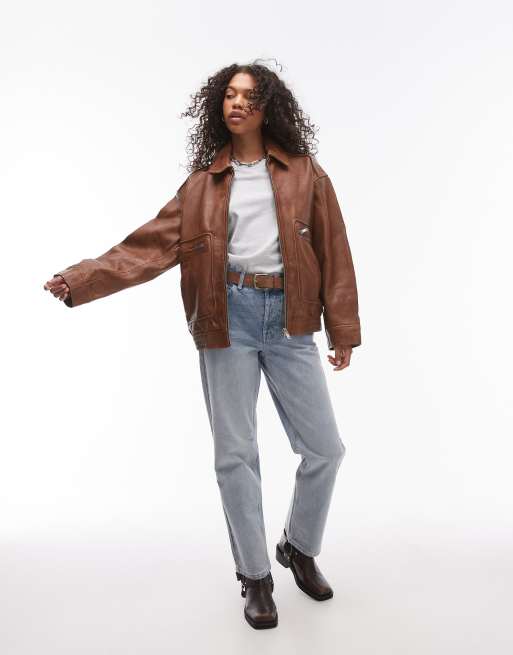Topshop - Premium - Brun oversized bomber-jakke i ægte læder, 2 af 4