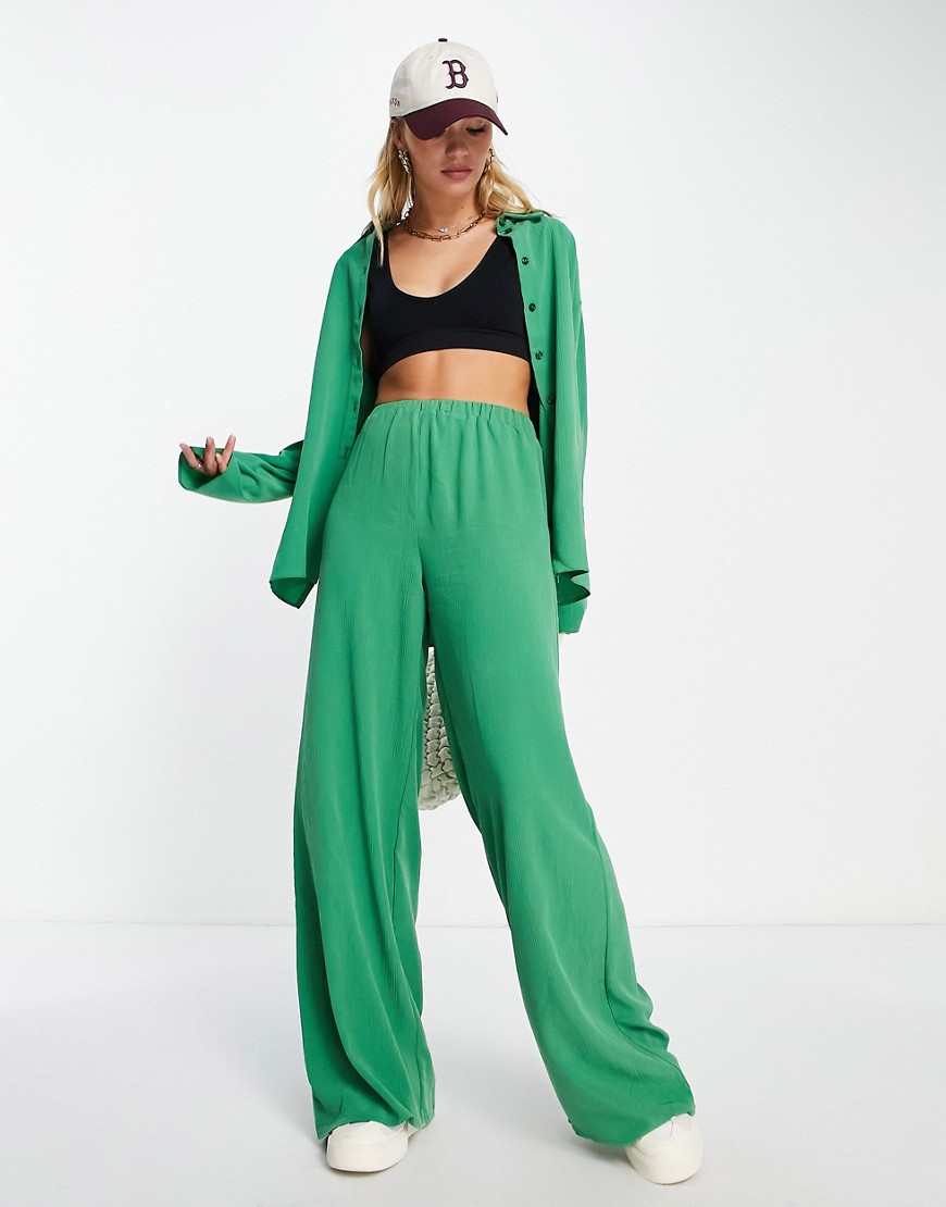 Topshop premium brushed crinkle wide leg pants in green - part of a set