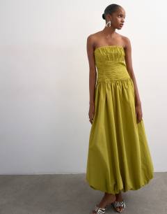 Model wearing Premium bubble hem bandeau maxi dress in green