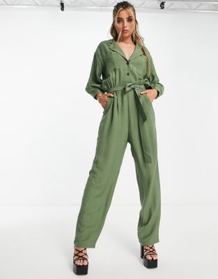 Topshop premium button through boiler suit in khaki