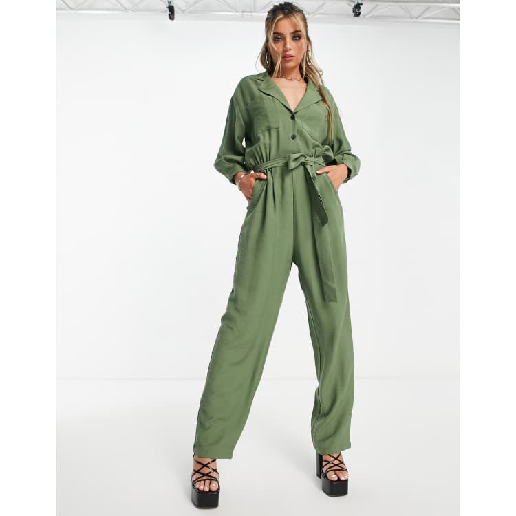 Topshop premium button through boiler suit in khaki ASOS