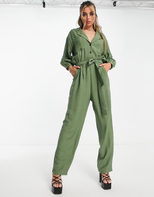 Topshop premium button through boiler suit in khaki | ASOS